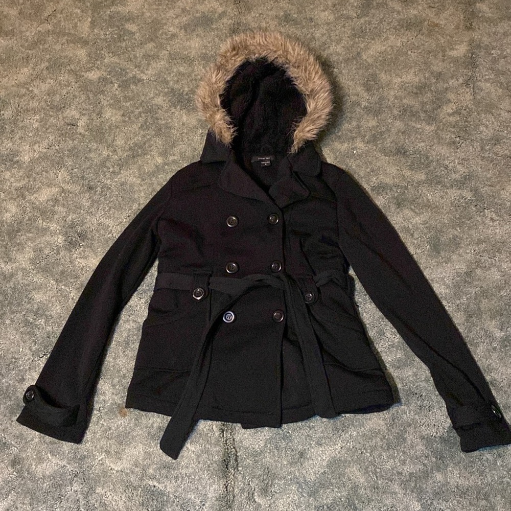 Black pea coat with fluffy hood